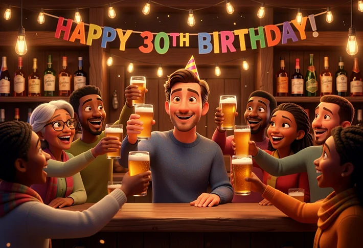 30th birthday celebration in Pixar 3D illustration style